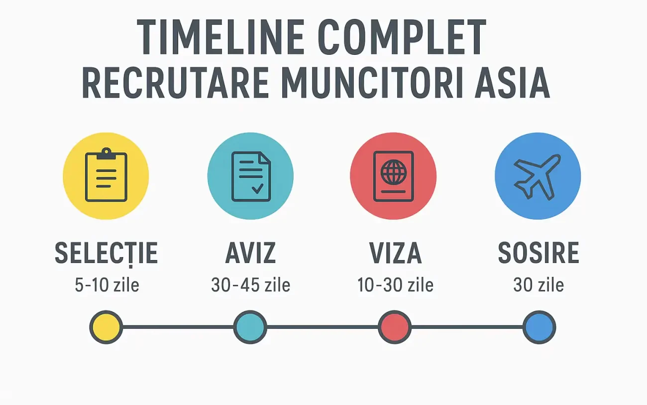 Raspunsul la intrebarea "In cat timp ajung muncitorii din Asia?": Timeline complet recrutare muncitori din Asia - proces 4-6 luni
