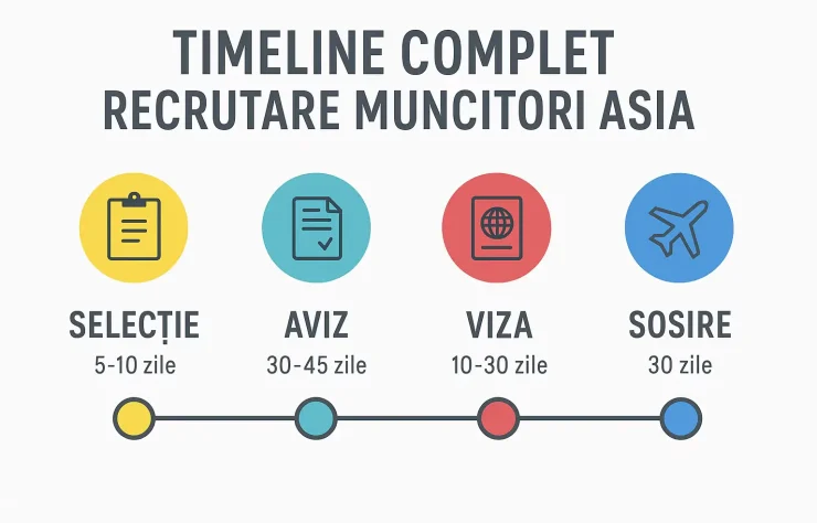 Timeline Recrutare Muncitori Asia Raspunsul la intrebarea "In cat timp ajung muncitorii din Asia?": Timeline complet recrutare muncitori din Asia - proces 4-6 luni